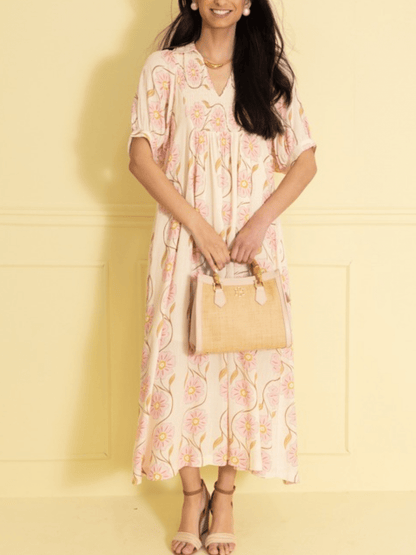 Cream Pink Daisy Print Puff Sleeve Maxi Dress - allsose