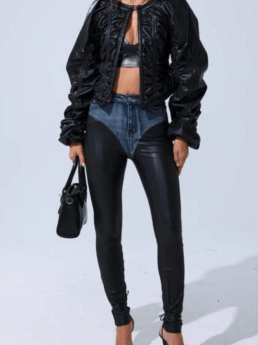 Denim - Inset Faux Leather Contour Skinny Pants - allsose