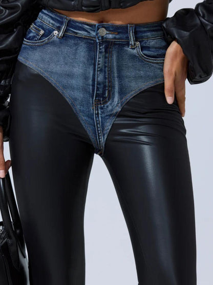 Denim - Inset Faux Leather Contour Skinny Pants - allsose