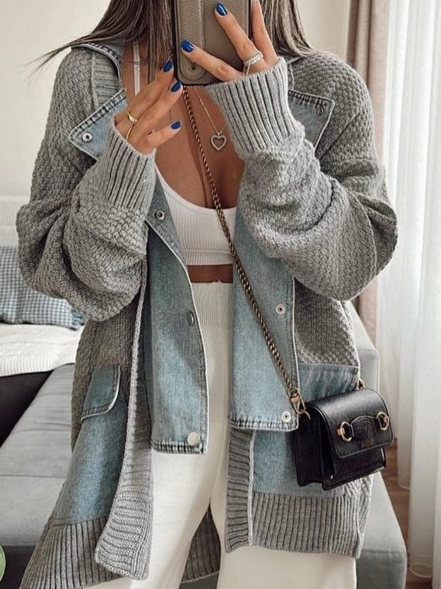 Denim Patchwork Sweater Coat - allsose