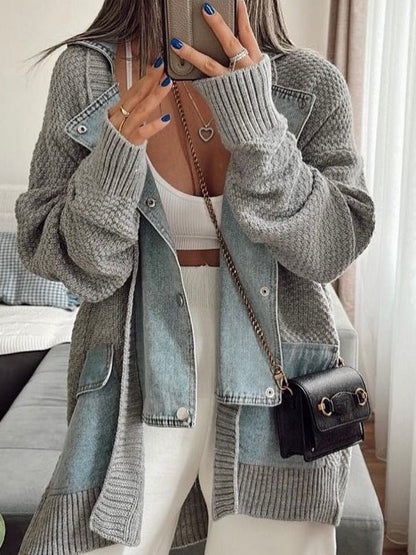 Denim Patchwork Sweater Coat - allsose