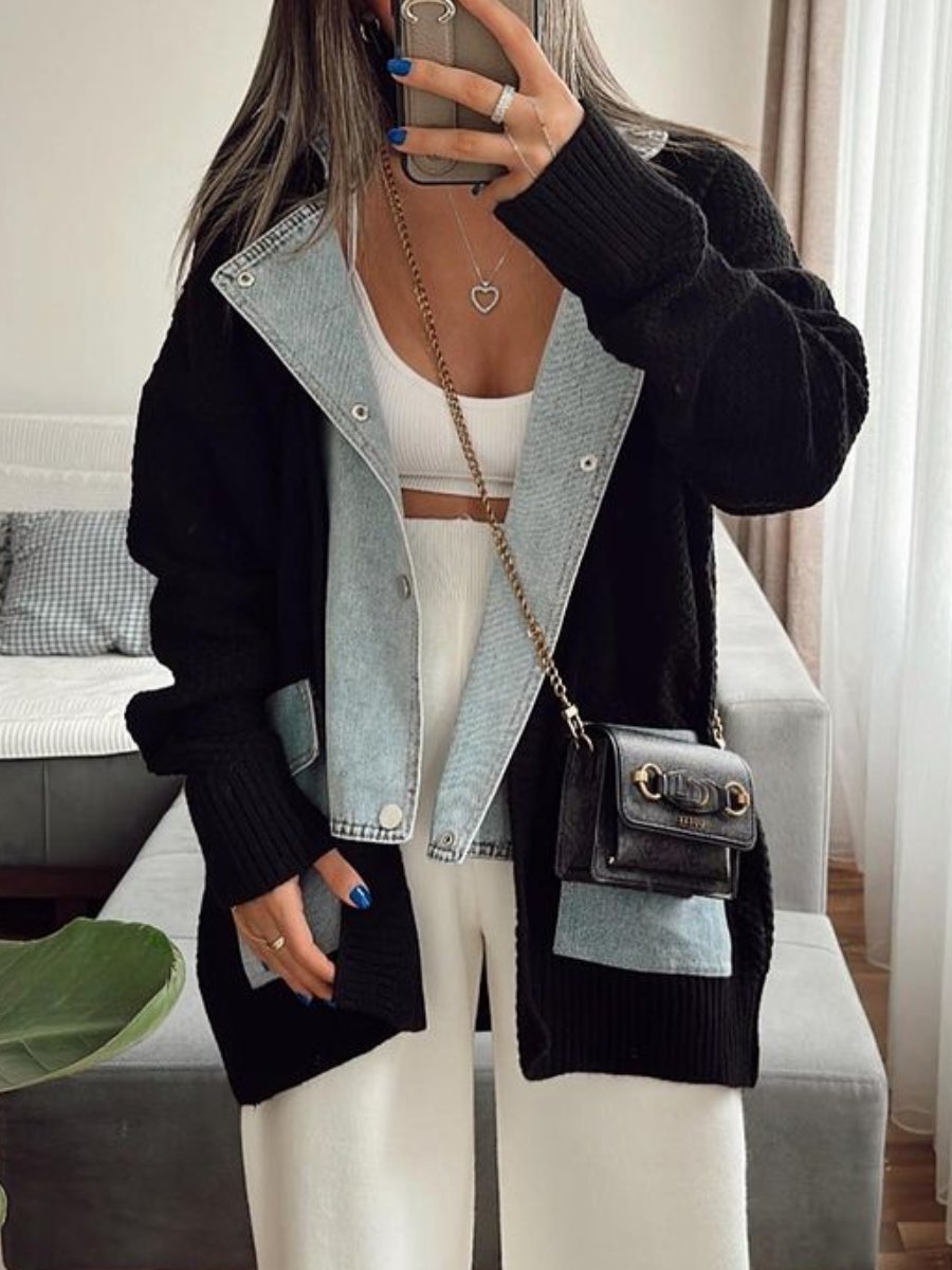 Denim Patchwork Sweater Coat - allsose