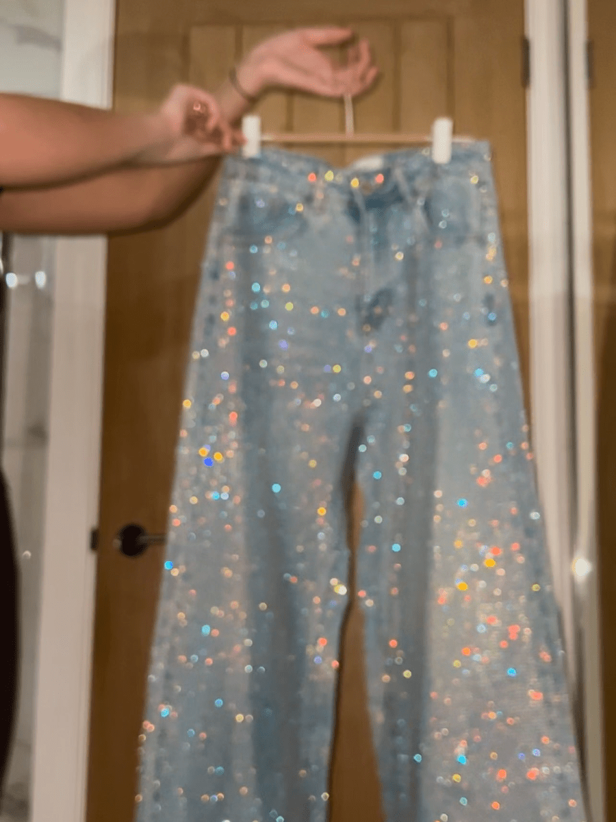 Diamond Wide Leg Sparkle Covered Jeans - allsose