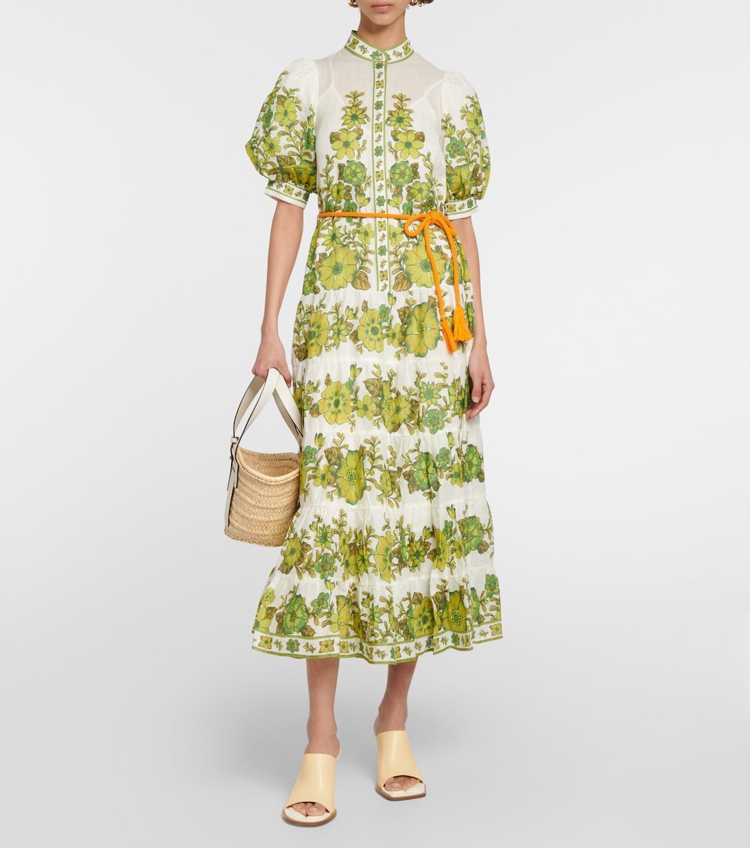 Digital Print Puff Sleeve Midi Dress - allsose