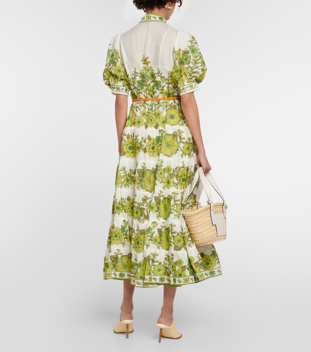 Digital Print Puff Sleeve Midi Dress - allsose