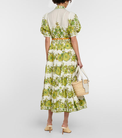 Digital Print Puff Sleeve Midi Dress - allsose