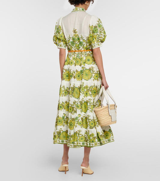 Digital Print Puff Sleeve Midi Dress - allsose