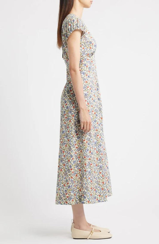 Ditsy Floral Puff Sleeve Midi Dress - allsose