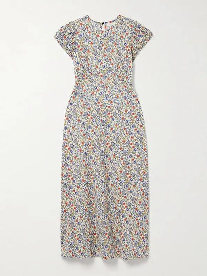 Ditsy Floral Puff Sleeve Midi Dress - allsose