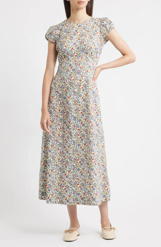 Ditsy Floral Puff Sleeve Midi Dress - allsose