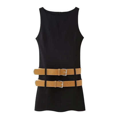 Double Belt Design Slim Fit Dress - allsose