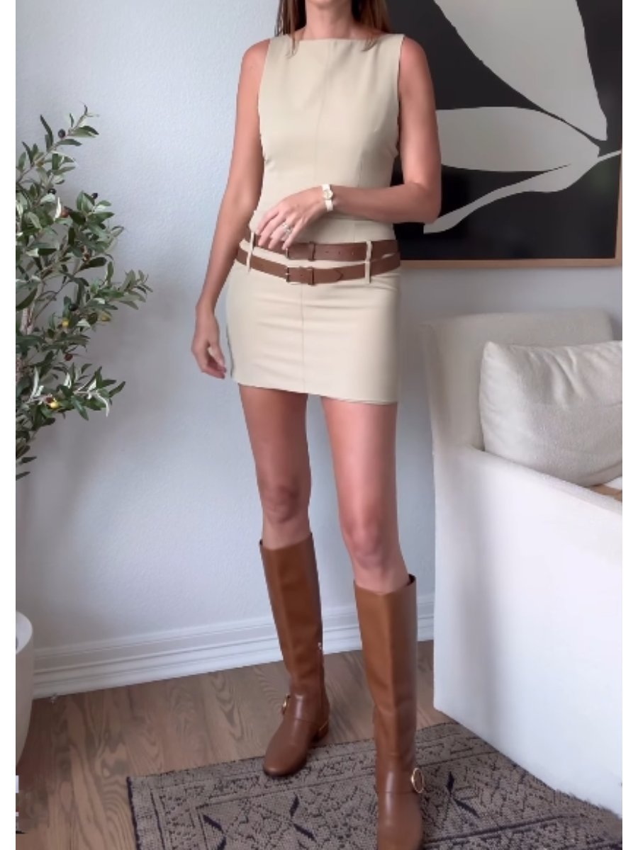 Double Belt Design Slim Fit Dress - allsose