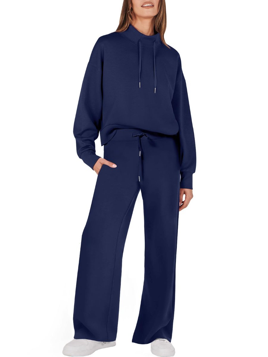 Drawstring Sweatshirt Wide Leg Sweatpant Lounge Set Tracksuit - allsose