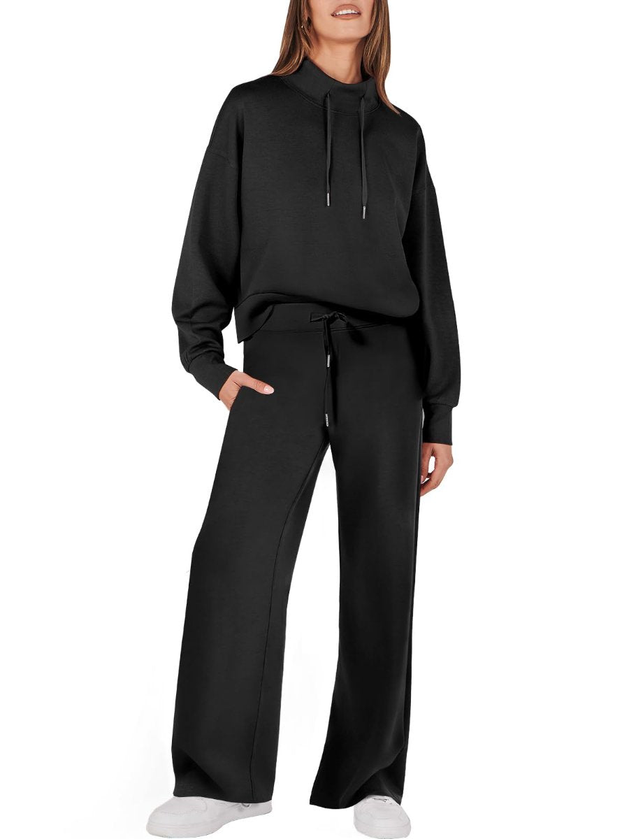 Drawstring Sweatshirt Wide Leg Sweatpant Lounge Set Tracksuit - allsose