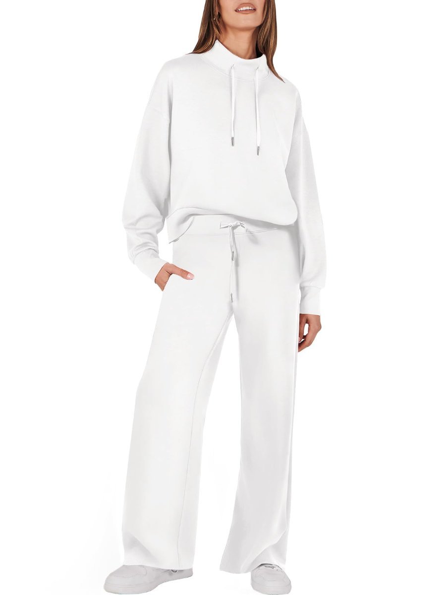 Drawstring Sweatshirt Wide Leg Sweatpant Lounge Set Tracksuit - allsose