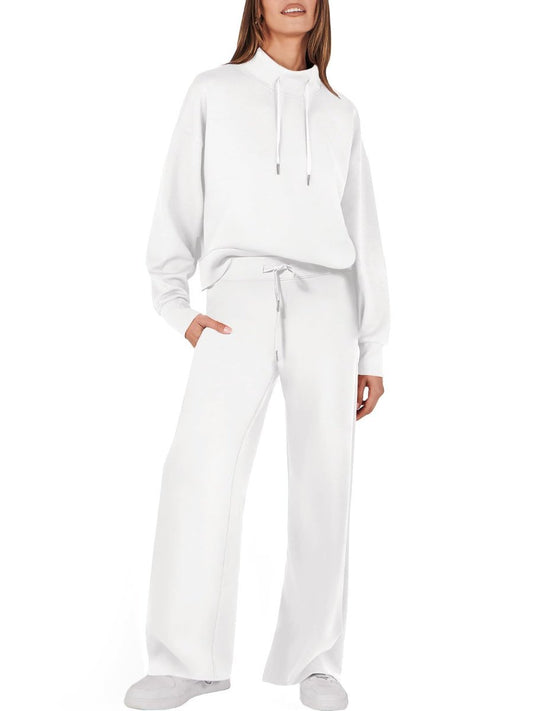 Drawstring Sweatshirt Wide Leg Sweatpant Lounge Set Tracksuit - allsose