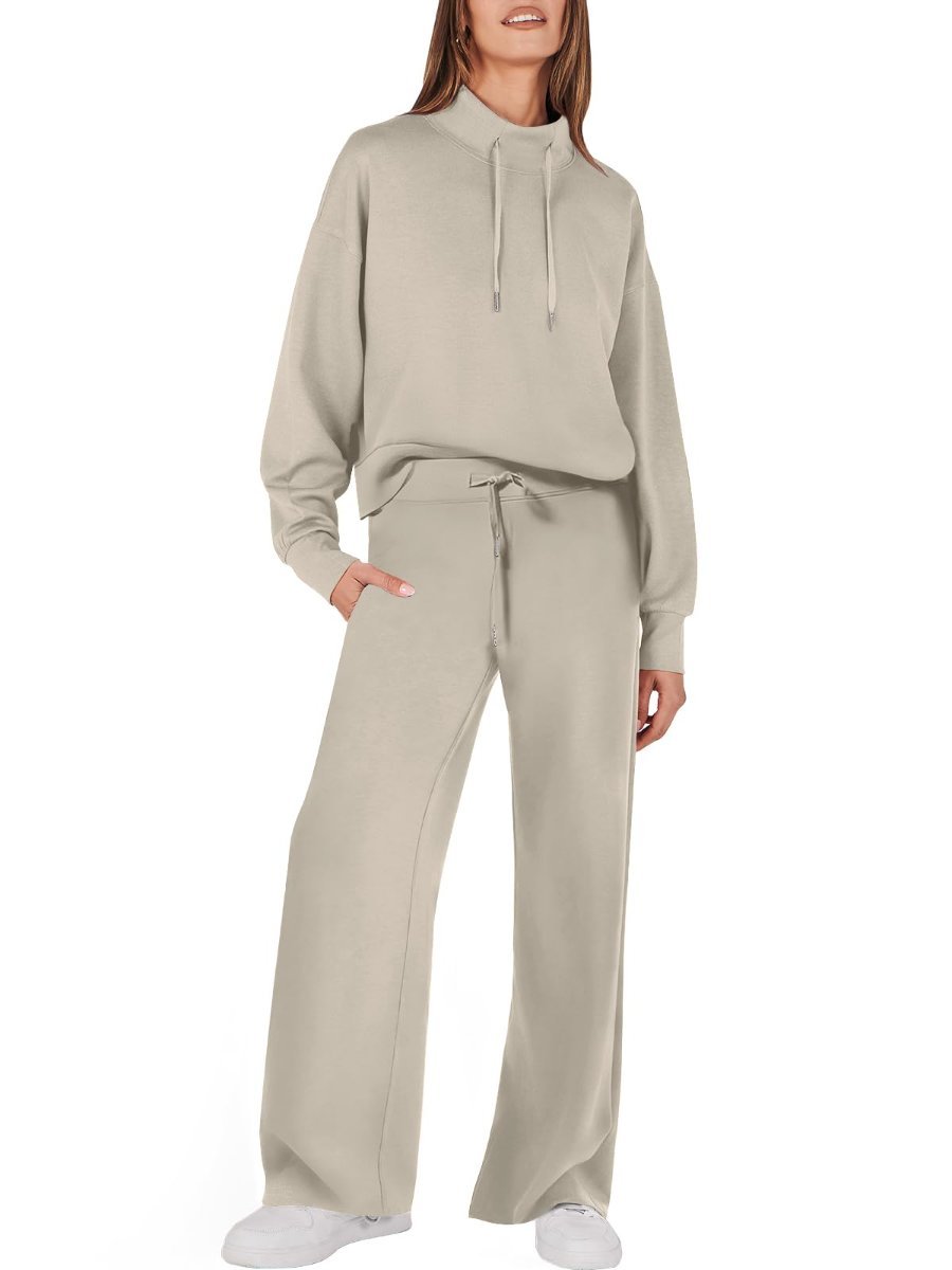 Drawstring Sweatshirt Wide Leg Sweatpant Lounge Set Tracksuit - allsose