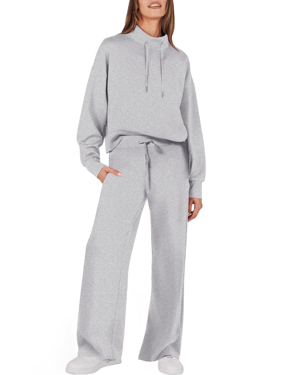 Drawstring Sweatshirt Wide Leg Sweatpant Lounge Set Tracksuit - allsose