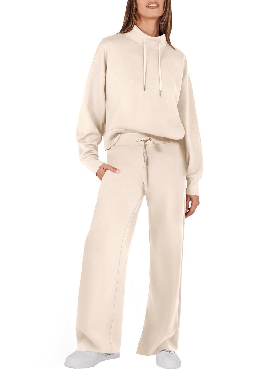 Drawstring Sweatshirt Wide Leg Sweatpant Lounge Set Tracksuit - allsose