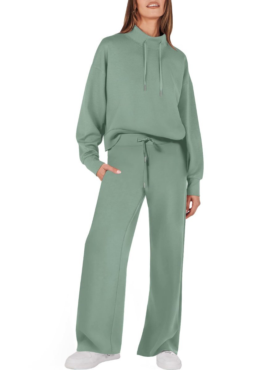 Drawstring Sweatshirt Wide Leg Sweatpant Lounge Set Tracksuit - allsose