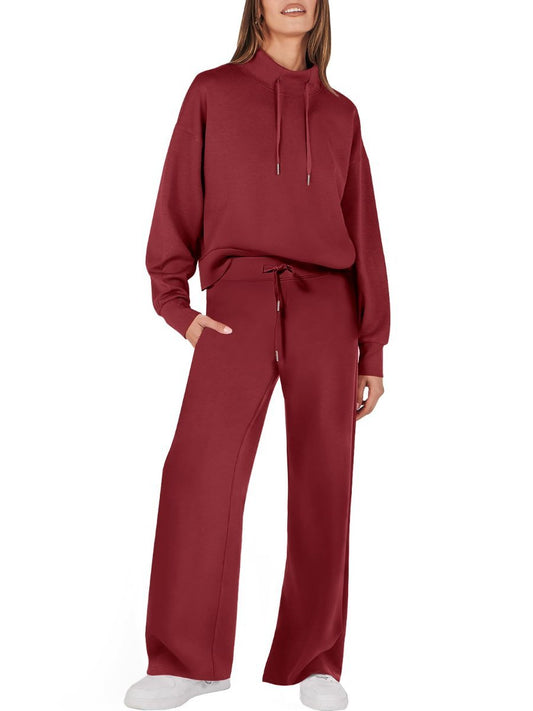 Drawstring Sweatshirt Wide Leg Sweatpant Lounge Set Tracksuit - allsose