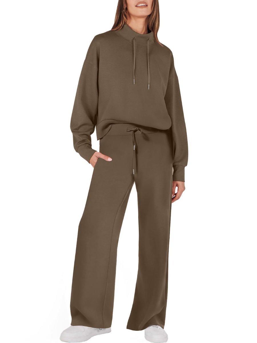 Drawstring Sweatshirt Wide Leg Sweatpant Lounge Set Tracksuit - allsose