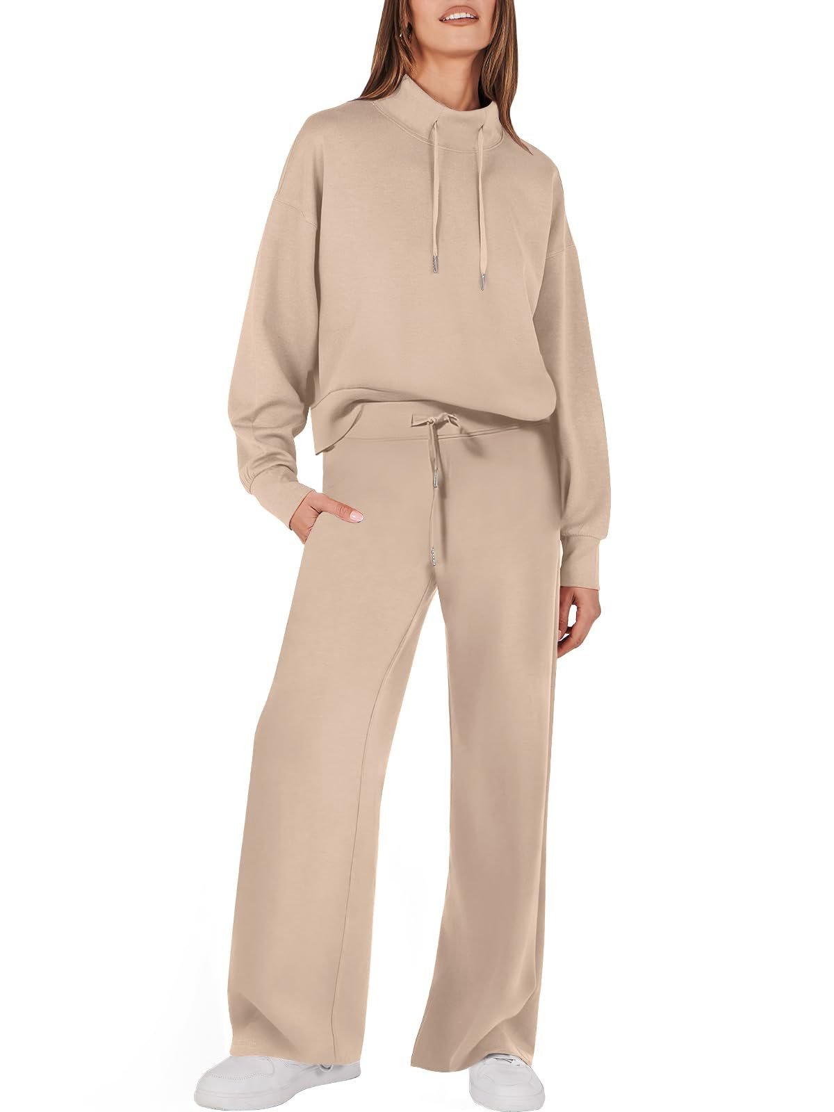 Drawstring Sweatshirt Wide Leg Sweatpant Lounge Set Tracksuit - allsose