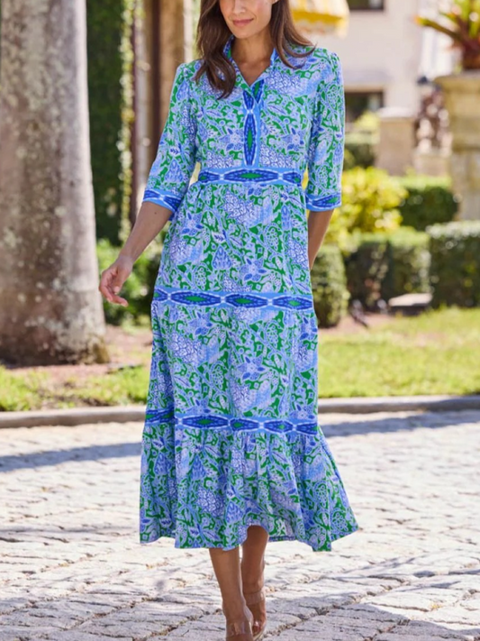 Boho Block Print Split Neck Dress