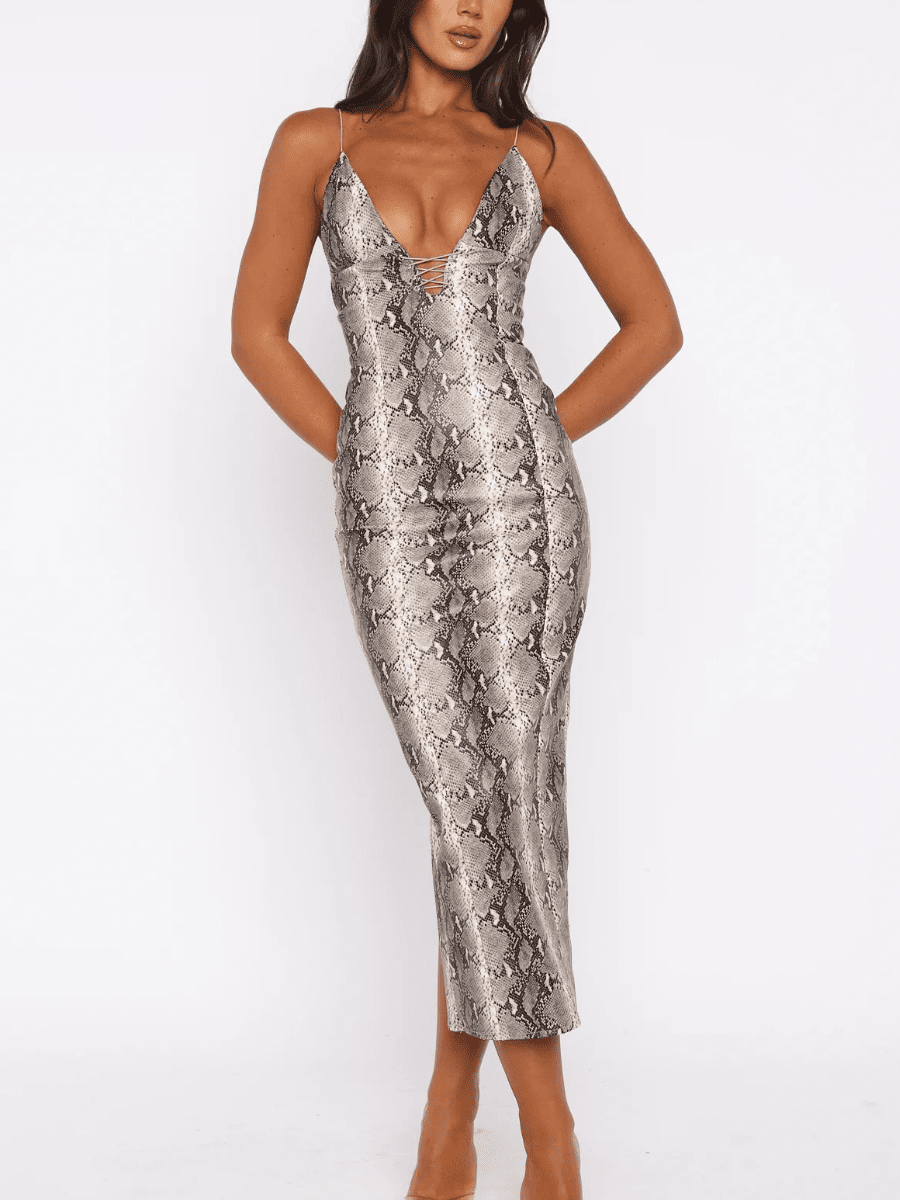 Edgy Faux Leather Snake Print Sleeveless Midi Dress - allsose