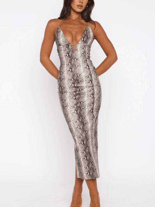 Edgy Faux Leather Snake Print Sleeveless Midi Dress - allsose