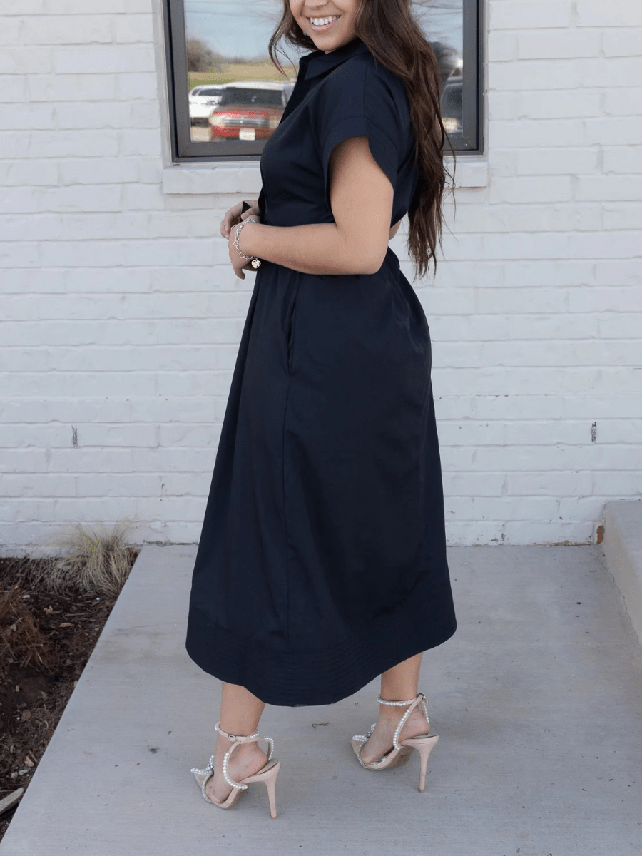 Elegant Black Utility Shirt Dress For Women - Waist Cinching Belted Short Sleeve Midi A - Line Dress - allsose