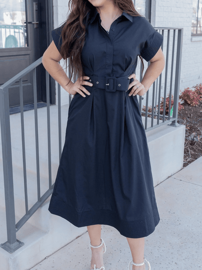 Elegant Black Utility Shirt Dress For Women - Waist Cinching Belted Short Sleeve Midi A - Line Dress - allsose