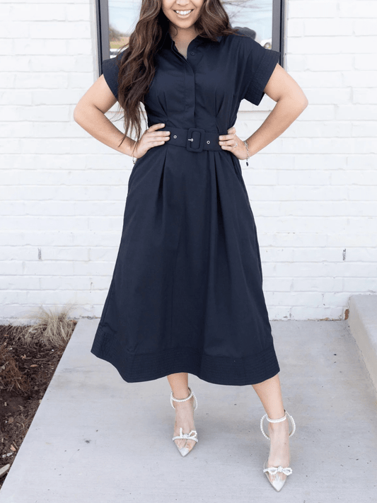 Elegant Black Utility Shirt Dress For Women - Waist Cinching Belted Short Sleeve Midi A - Line Dress - allsose