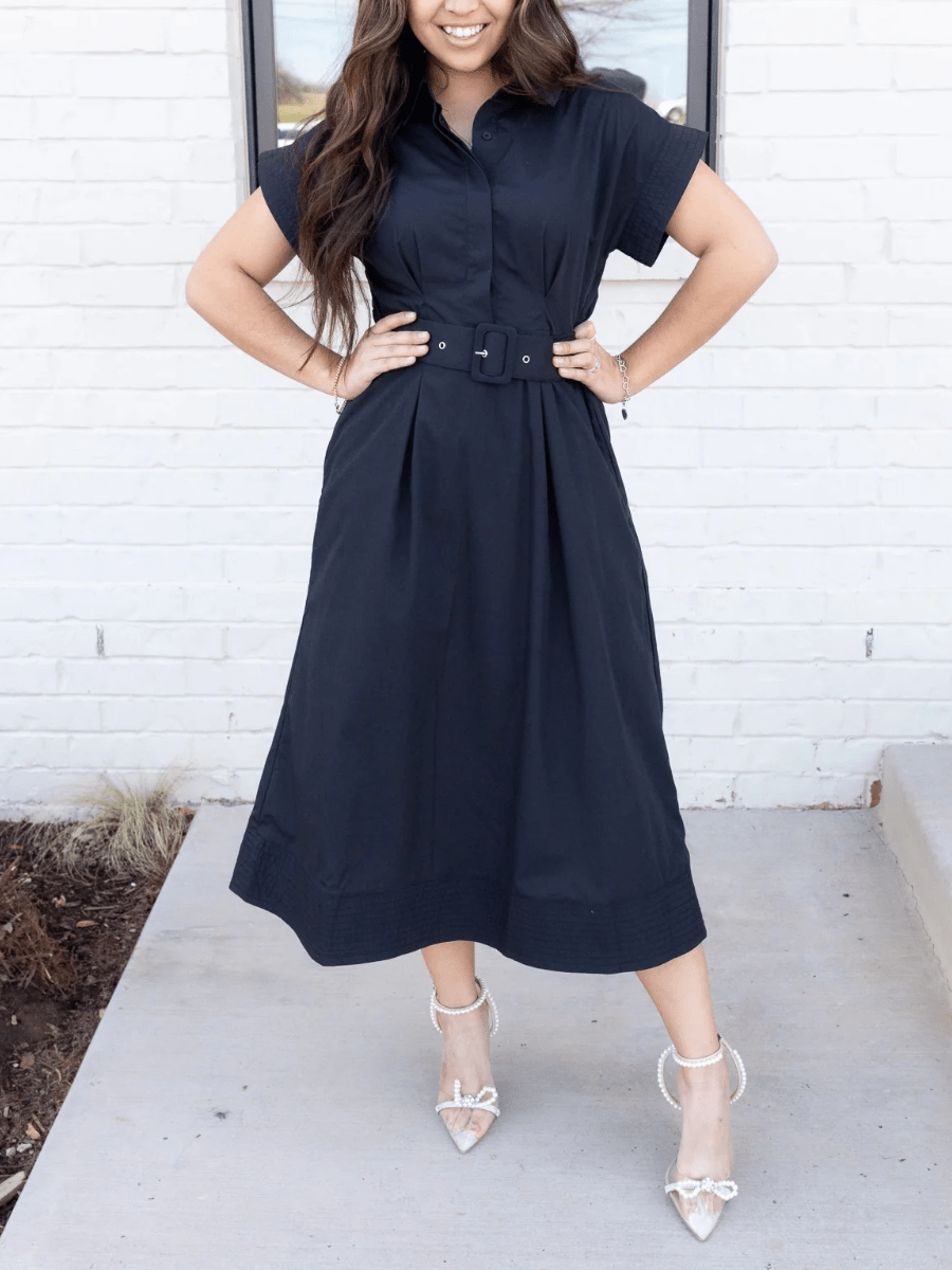Elegant Black Utility Shirt Dress For Women - Waist Cinching Belted Short Sleeve Midi A - Line Dress - allsose