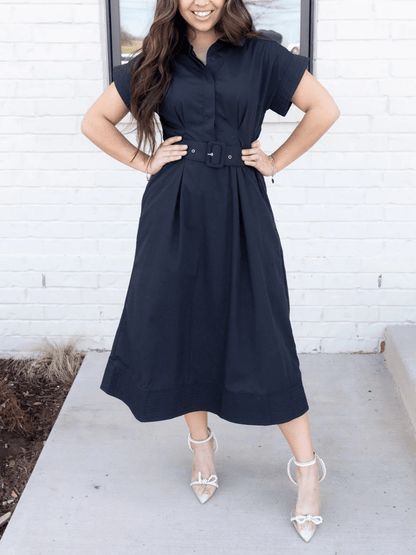 Elegant Black Utility Shirt Dress For Women - Waist Cinching Belted Short Sleeve Midi A - Line Dress - allsose