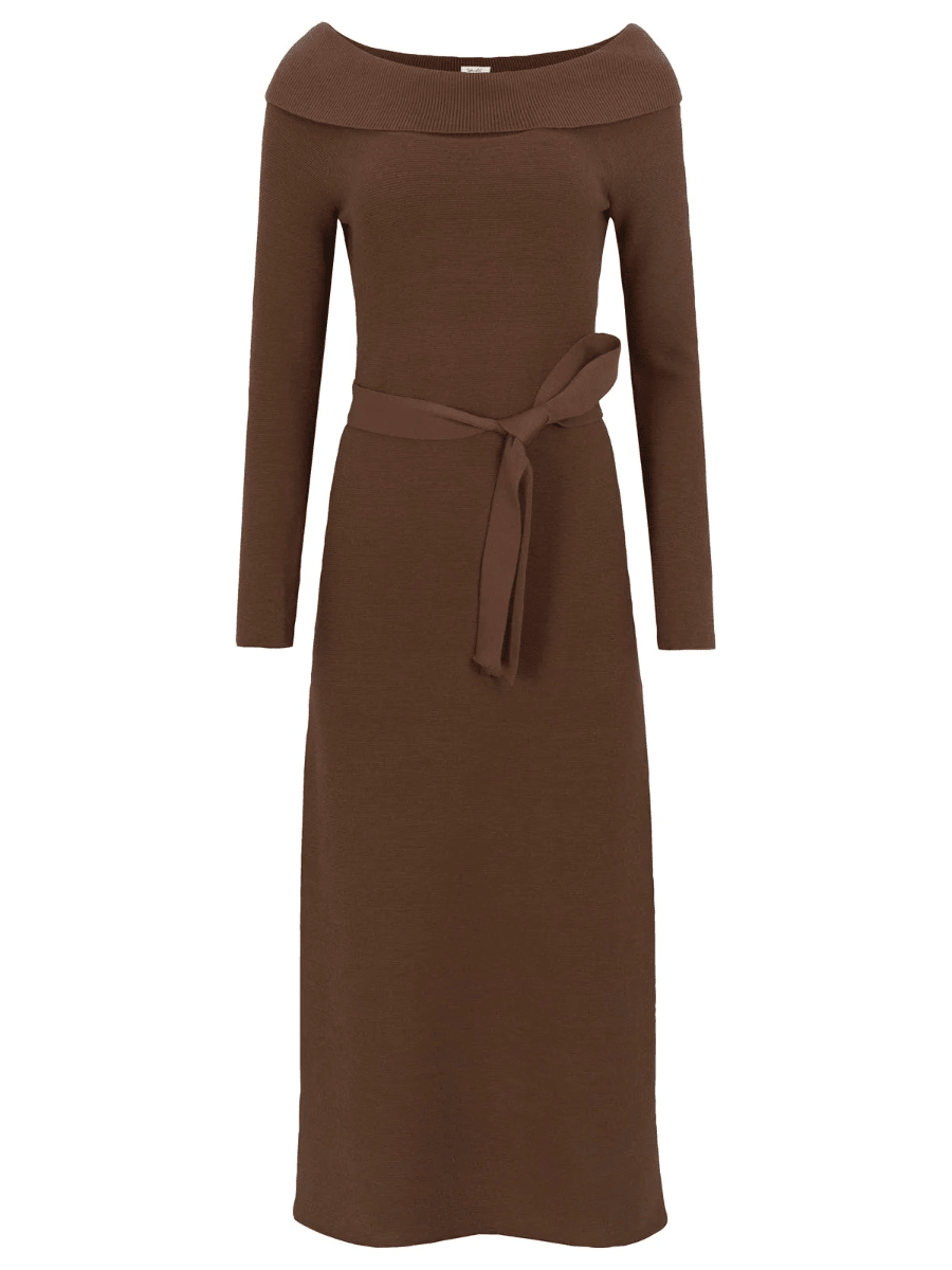 Elegant Off Shoulder Bodycon Knit Dress - Long Sleeve Belted Maxi Dress For Fall & Winter - allsose