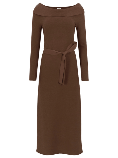 Elegant Off Shoulder Bodycon Knit Dress - Long Sleeve Belted Maxi Dress For Fall & Winter - allsose