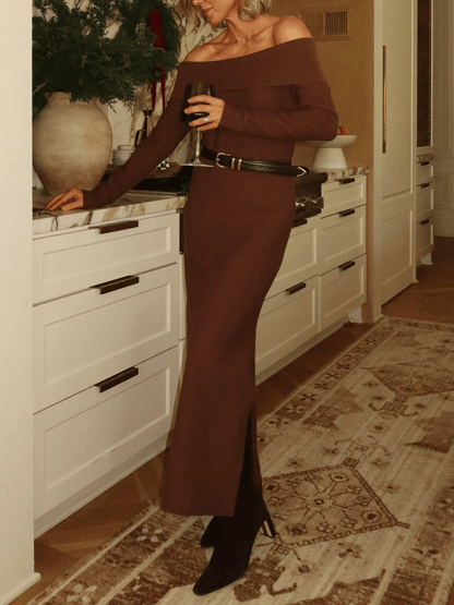 Elegant Off Shoulder Bodycon Knit Dress - Long Sleeve Belted Maxi Dress For Fall & Winter - allsose