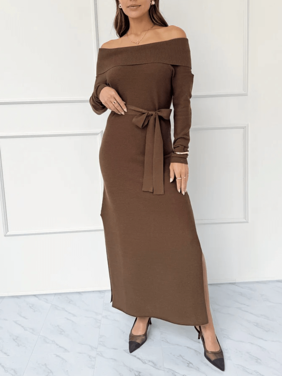 Elegant Off Shoulder Bodycon Knit Dress - Long Sleeve Belted Maxi Dress For Fall & Winter - allsose