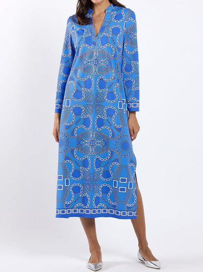 Elegant V - neck Printed Midi Dress - allsose