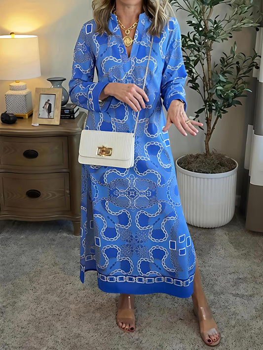 Elegant V - neck Printed Midi Dress - allsose