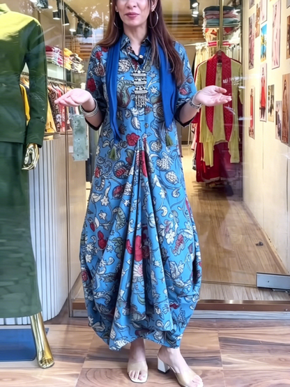 Ethnic Botanical Drape Hem Long Dress - allsose