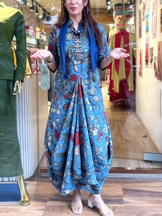 Ethnic Botanical Drape Hem Long Dress - allsose