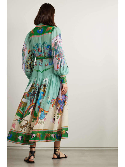 Evergreen Belted Printed Maxi Shirt Dress - allsose
