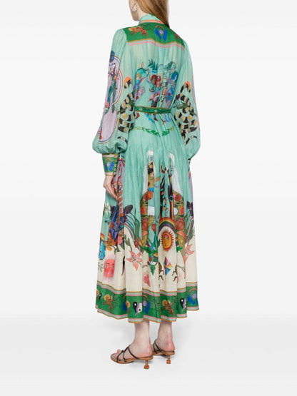 Evergreen Belted Printed Maxi Shirt Dress - allsose