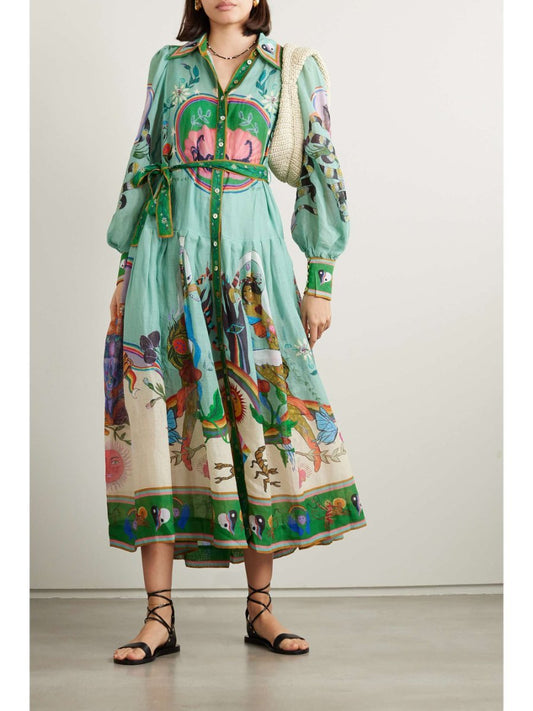 Evergreen Belted Printed Maxi Shirt Dress - allsose