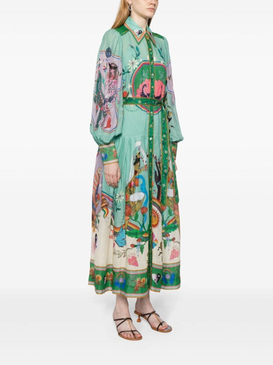 Evergreen Belted Printed Maxi Shirt Dress - allsose