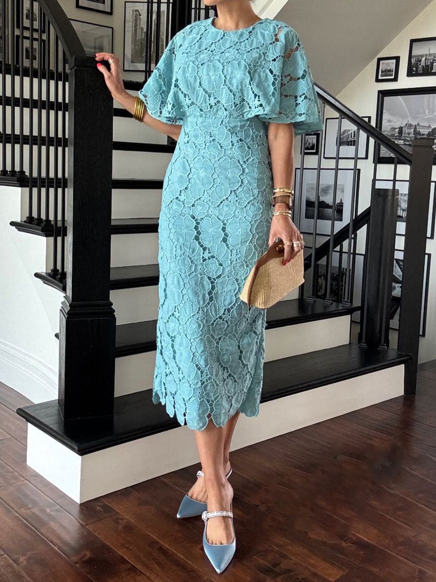 Eyelet Cutout Cape Sleeves Elegant Maxi Dress - allsose