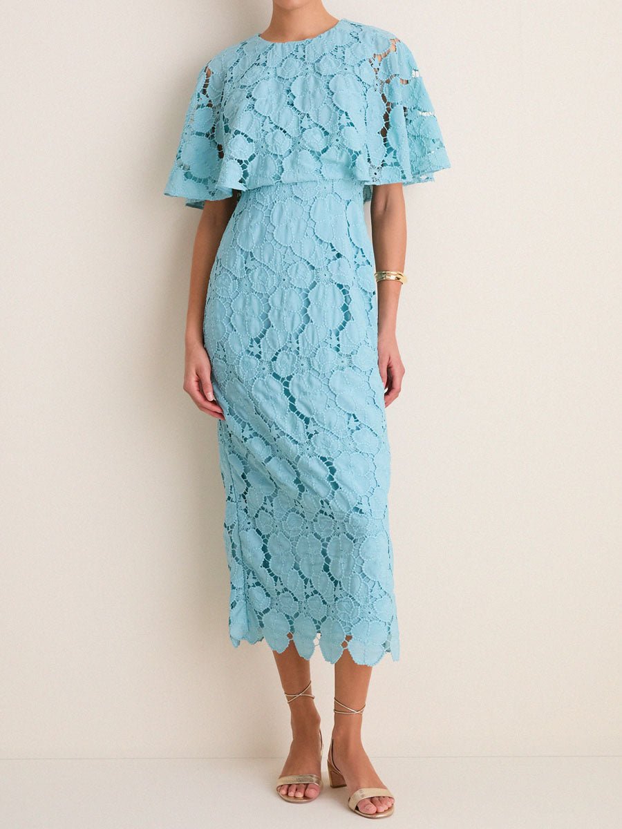 Eyelet Cutout Cape Sleeves Elegant Maxi Dress - allsose