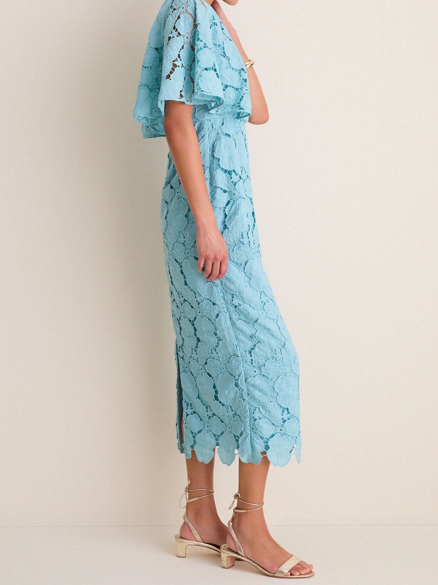 Eyelet Cutout Cape Sleeves Elegant Maxi Dress - allsose